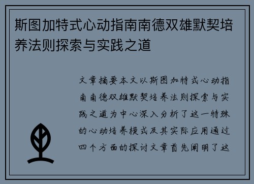 斯图加特式心动指南南德双雄默契培养法则探索与实践之道
