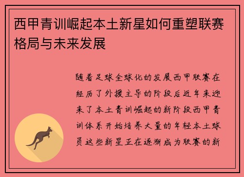 西甲青训崛起本土新星如何重塑联赛格局与未来发展