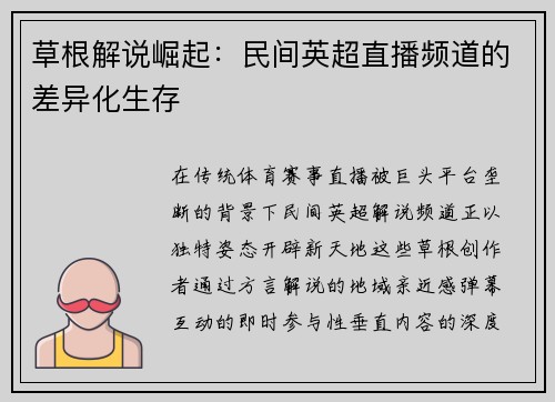 草根解说崛起：民间英超直播频道的差异化生存