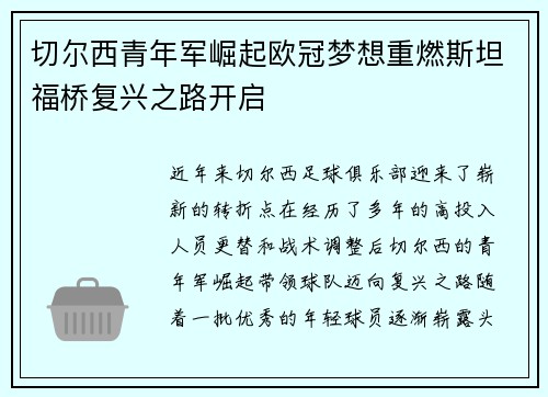 切尔西青年军崛起欧冠梦想重燃斯坦福桥复兴之路开启